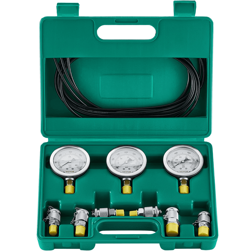 Kit di prova idraulica con 3 manometri, 9 nippli di prova, 3 tubi flessibili di prova, 5 manometri (10/100/250/400/600 bar), 60 MPa, 13 nippli di prova, 14 connettori a T, 5 tubi flessibili di prova, in una robusta borsa portatile per escavatori e u