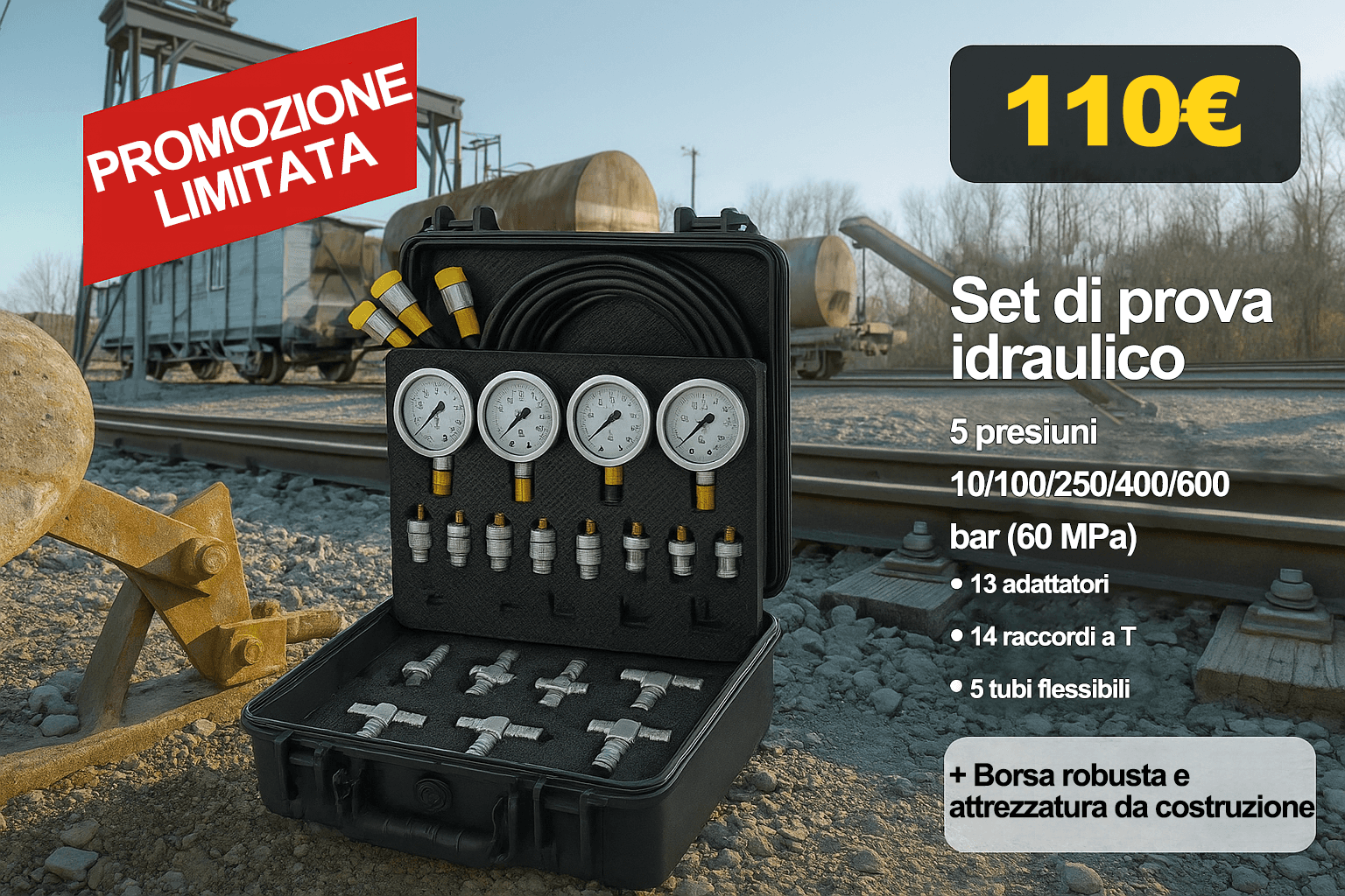 Kit di prova idraulica con 3 manometri, 9 nippli di prova, 3 tubi flessibili di prova, 5 manometri (10/100/250/400/600 bar), 60 MPa, 13 nippli di prova, 14 connettori a T, 5 tubi flessibili di prova, in una robusta borsa portatile per escavatori e u
